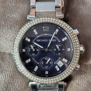 Michael Kors Navy Dial Silver Watch with Crystal Details